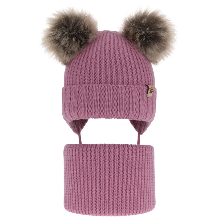 Czapka i komin dla dziewczynki zimowy komplet, fioletowy, wiązany, 100% wełniany merino, z dwoma pomponami Silvia