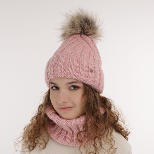Czapka i komin dla dziewczynki zimowy komplet, kremowy, z pomponem Polaris