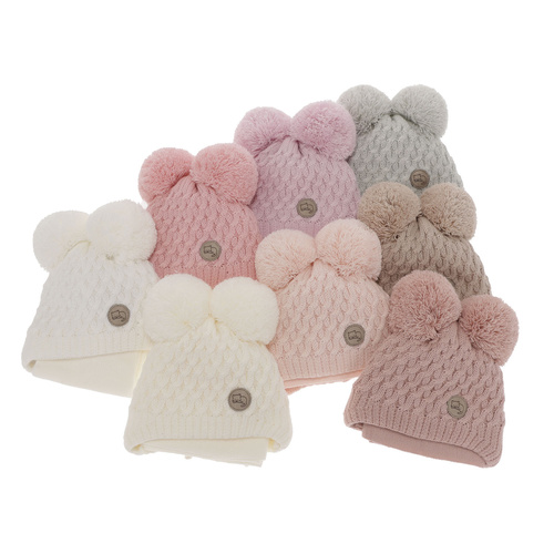 Czapka i szalik dla dziewczynki zimowy komplet, jasnoróżowy, z dwoma pomponami, wiązany Anava
