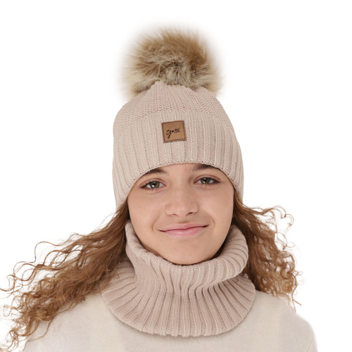 Czapka i komin dla dziewczynki zimowy komplet, szary, z pomponem, Juliette