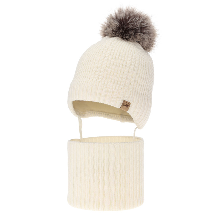 Czapka i komin dla chłopca, zimowy komplet, kremowy, 100% wełniany merino, podszyty wełnianym polarem, wiązany Danny