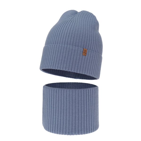 Czapka i komin dla chłopca jesienny, wiosenny komplet, niebieski, 100% wełniany merino Lemas