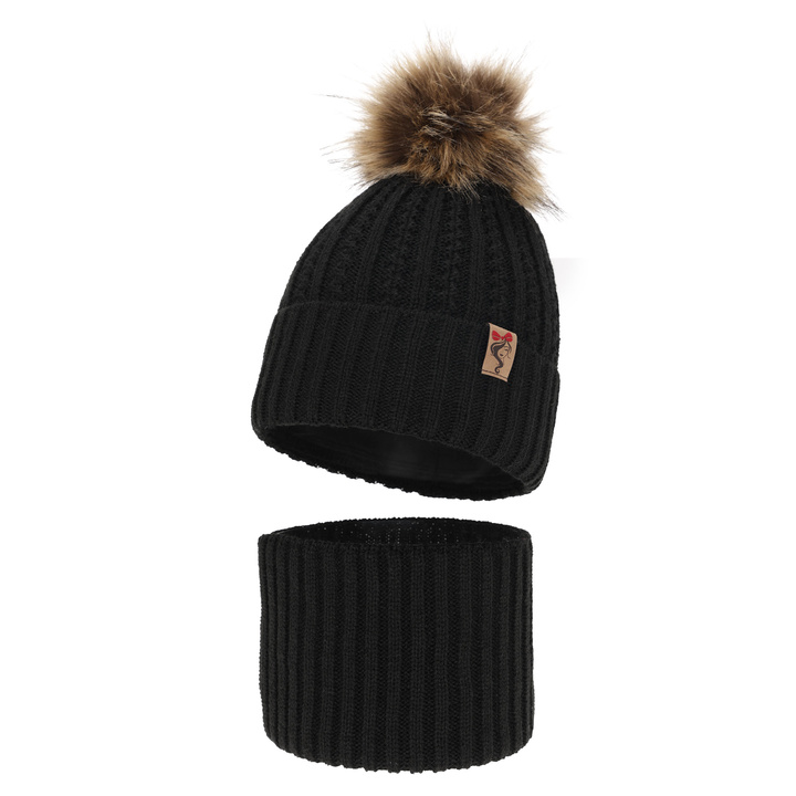 Czapka i komin dla dziewczynki zimowy komplet, czarny, z pomponem Larina