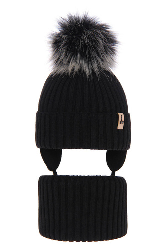 Czapka i komin dla dziewczynki zimowy komplet, czarny, z pomponem Preria