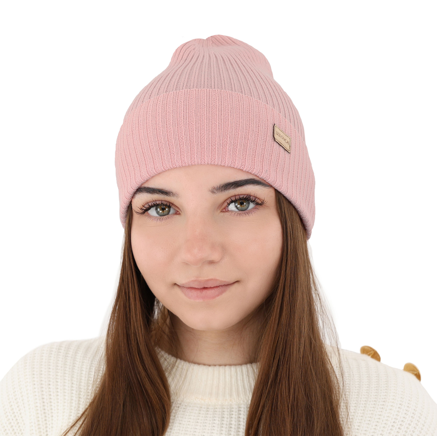 Czapka damska zimowa, jasnoróżowa, 100% wełniana merino Sophie