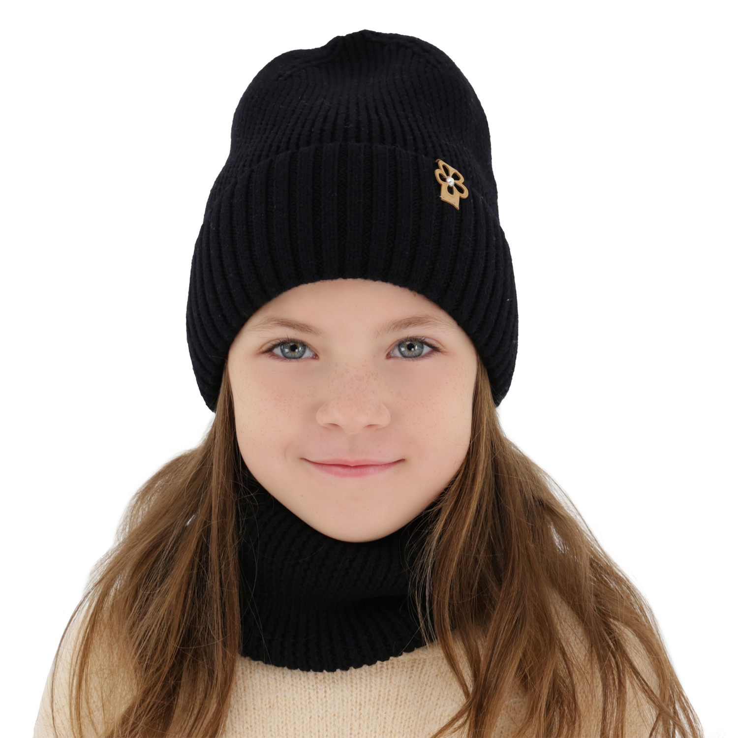 Czapka i komin dla dziewczynki zimowy komplet, czarny, 100% wełniana merino Nelita