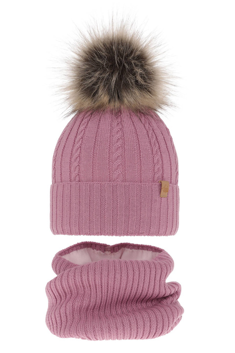 Czapka i komin dla dziewczynki zimowy komplet, fioletowy, wełniany merino Mirabel