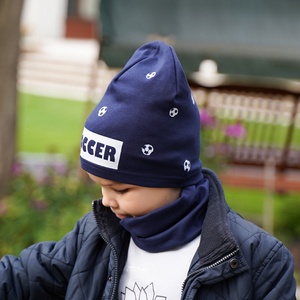 Czapka i komin dla chłopca jesienny, wiosenny komplet, camelowy, bawełniany Soccer