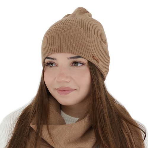 Czapka jesienna, zimowa damska, camel, 100% wełniana merino, Flerra