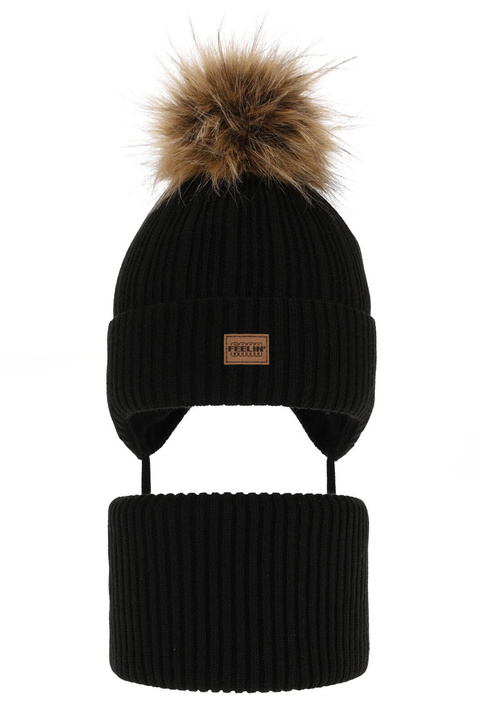 Czapka i komin dla chłopca zimowy komplet, czarny, z pomponem Eger