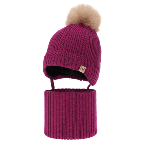 Czapka i komin dla dziewczynki zimowy komplet, amarantowy, 100% wełniany merino, podszyty wełnianym polarem, wiązany Danielle