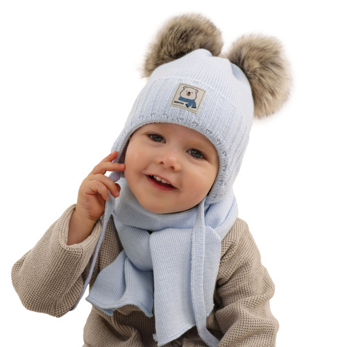 Czapka i szalik dla chłopca zimowy komplet, niebieski, z dwoma pomponami, wiązany Jewel