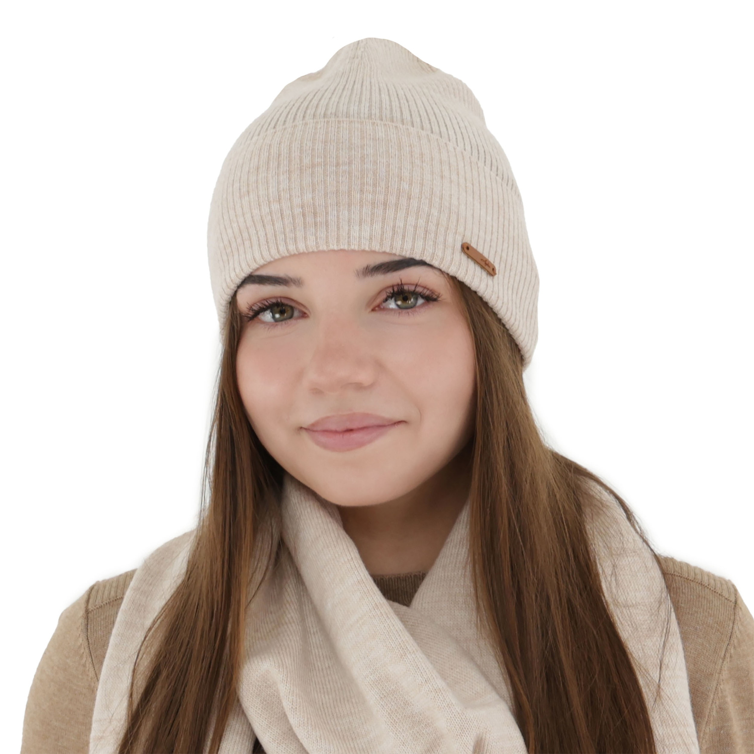 Czapka jesienna, zimowa damska, beżowa, 100% wełniana merino, Flerra
