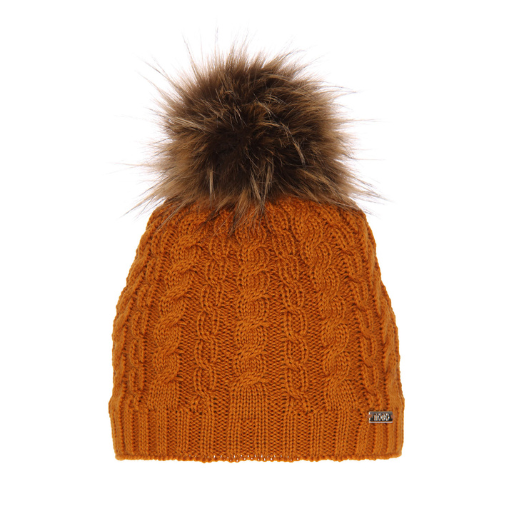 Czapka zimowa damska, miodowa, z pomponem, z wełny merino Satina