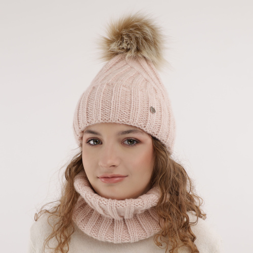 Czapka i komin dla dziewczynki zimowy komplet, szary, z pomponem Polaris