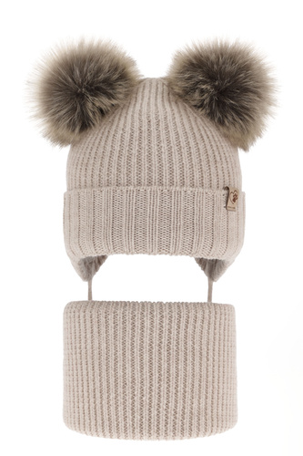 Czapka i komin dla dziewczynki zimowy komplet, beżowy, 100% wełniana merino, wiązany, z dwoma pomponami Silvia