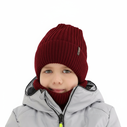 Czapka i komin dla chłopca, zimowy komplet, bordowy, 100% wełniany merino, Gizmo