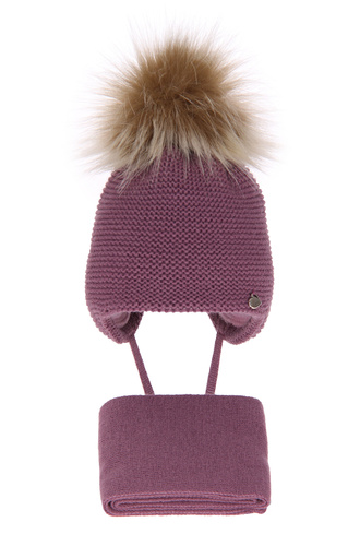 Czapka i szalik dla dziewczynki zimowy komplet, fioletowy, z pomponem Aimi