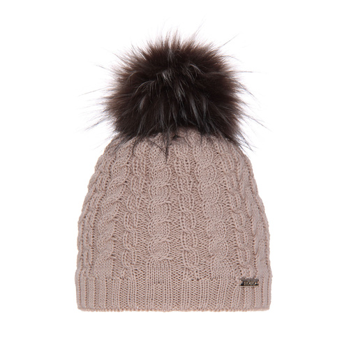 Czapka zimowa damska, beżowa, z pomponem, z wełną merino Satina