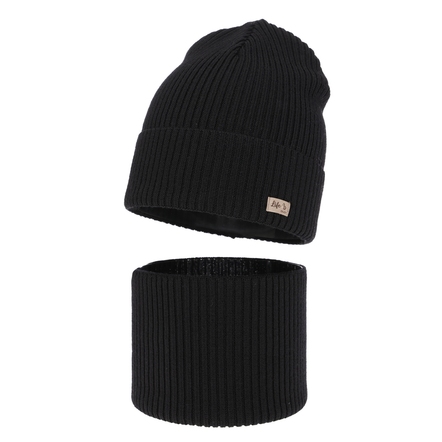 Czapka i komin dla dziewczynki jesienny, wiosenny komplet, czarny, 100% wełniana merino Itra
