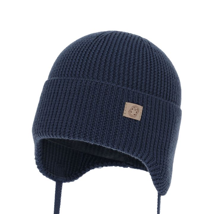 Czapka jesienna, wiosenna dla chłopca, 100% wełniana merino, wiązana, granatowa Bakadi