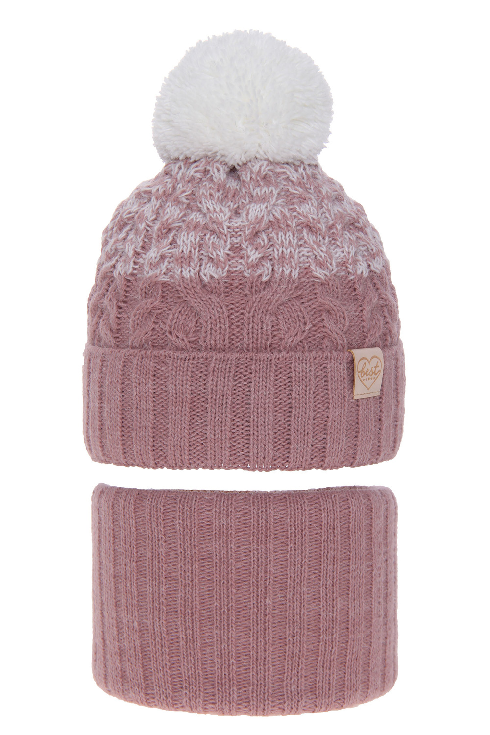 Czapka i komin dla dziewczynki zimowy komplet, różowy, z pomponem Zendaya