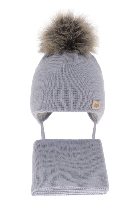 Czapka i szalik dla chłopca zimowy komplet, jasnoniebieski, wełniany merino, wiązany Anastazy