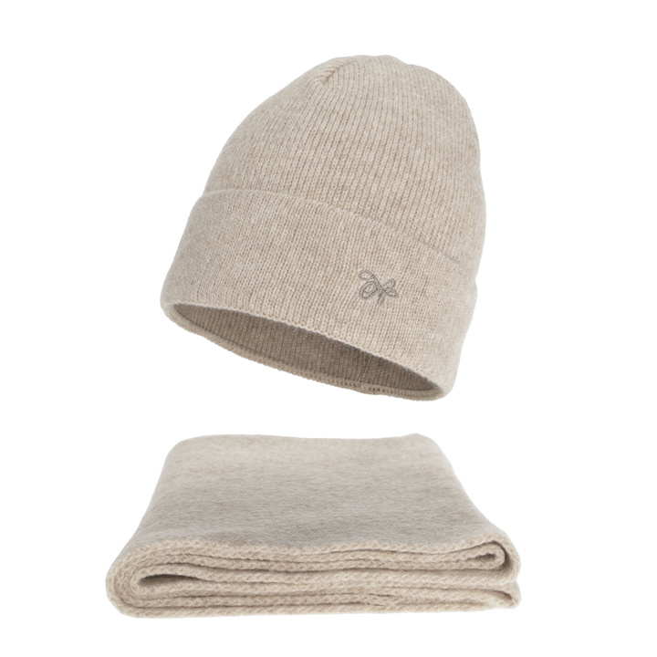 Czapka i szalik damski, zimowy komplet, jasnobeżowy, Rava