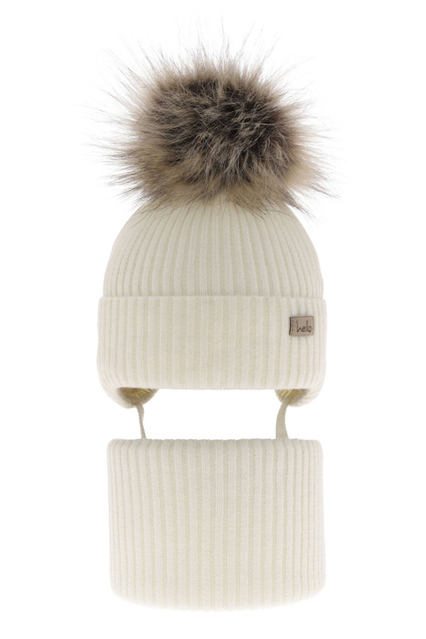 Czapka i komin dla dziewczynki zimowy komplet, kremowy, wiązany, z pomponem Bria