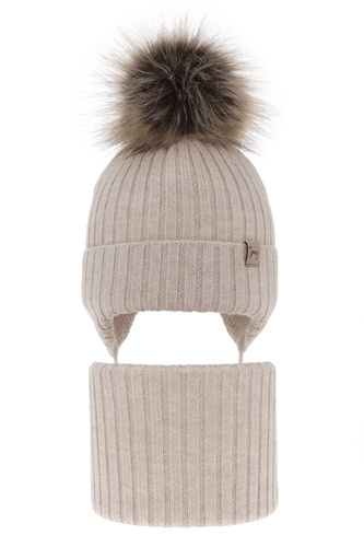 Czapka i komin dla dziewczynki zimowy komplet, beżowy, 100% wełniany merino, wiązany Junika
