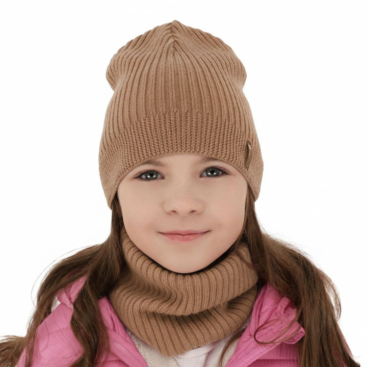 Czapka i komin dla dziewczynki jesienny, wiosenny komplet, camel, 100% wełniana merino Chelsie
