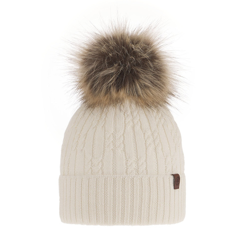 Czapka zimowa damska, kremowa, z wełną merino, Larida