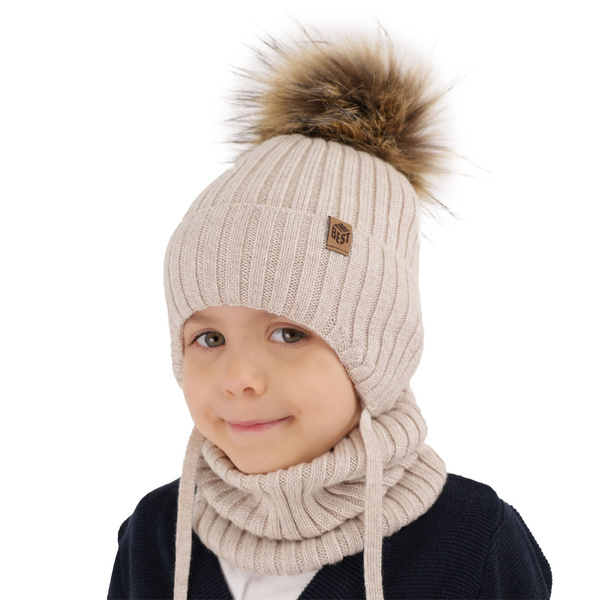 Czapka i komin dla chłopca zimowy komplet, beżowy, 100% wełniany merino, wiązany Juno