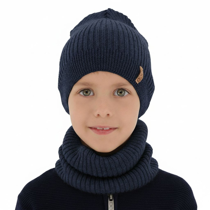 Czapka i komin dla chłopca jesienny, wiosenny komplet, ciemnoniebieski, 100% wełniany merino Chester