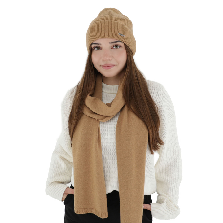 Szalik zimowy damski, camel, wełna merino z kaszmirem, Irenia