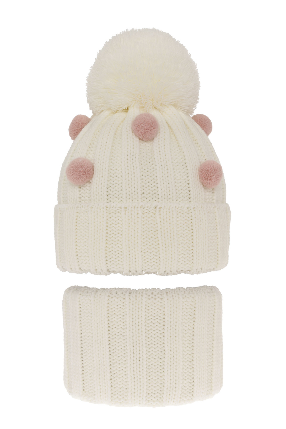 Czapka i komin dla dziewczynki zimowy komplet, kremowy, z pomponem Hekate