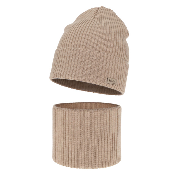 Czapka i komin dla dziewczynki jesienny, wiosenny komplet, ciemnobeżowy, 100% wełniany merino Itra