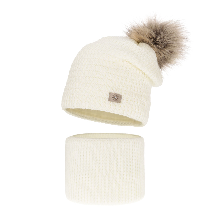 Czapka i komin dla dziewczynki zimowy komplet, kremowy, z pomponem Germina