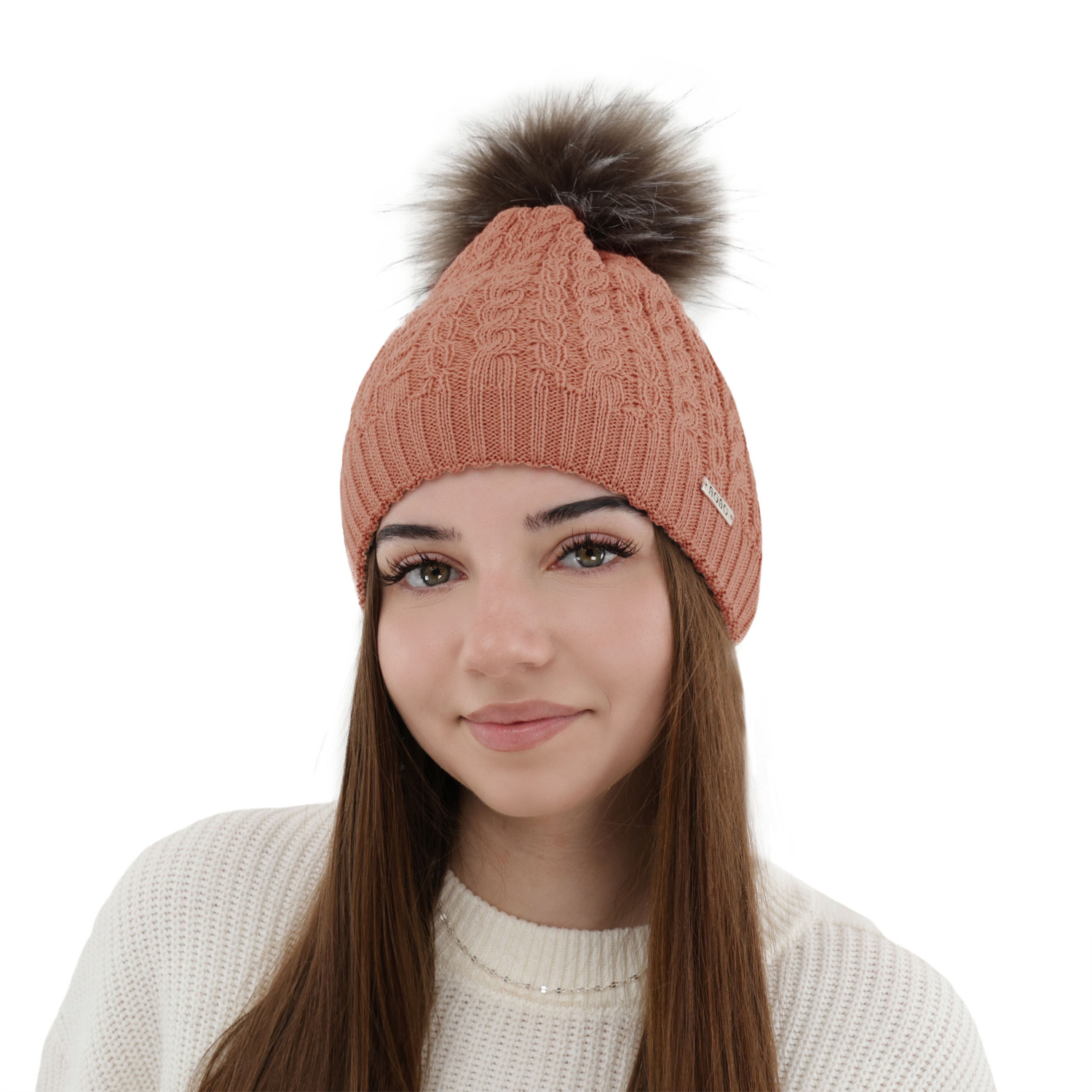 Czapka zimowa damska, różowa, z pomponem, z wełną merino, Satina