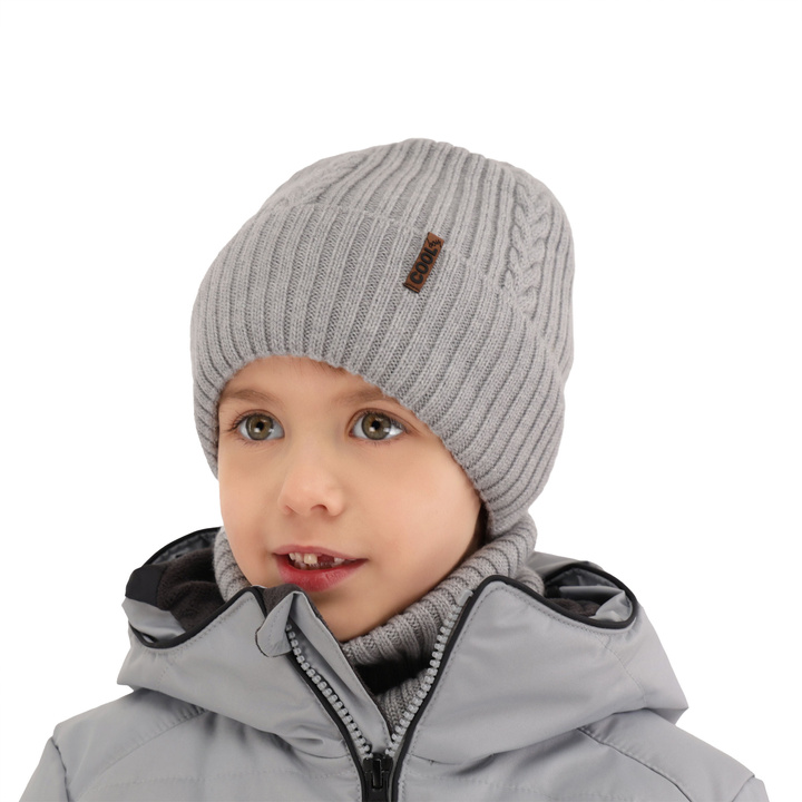 Czapka i komin dla chłopca zimowy komplet, jasnoszary, 100% wełniany merino Wilson