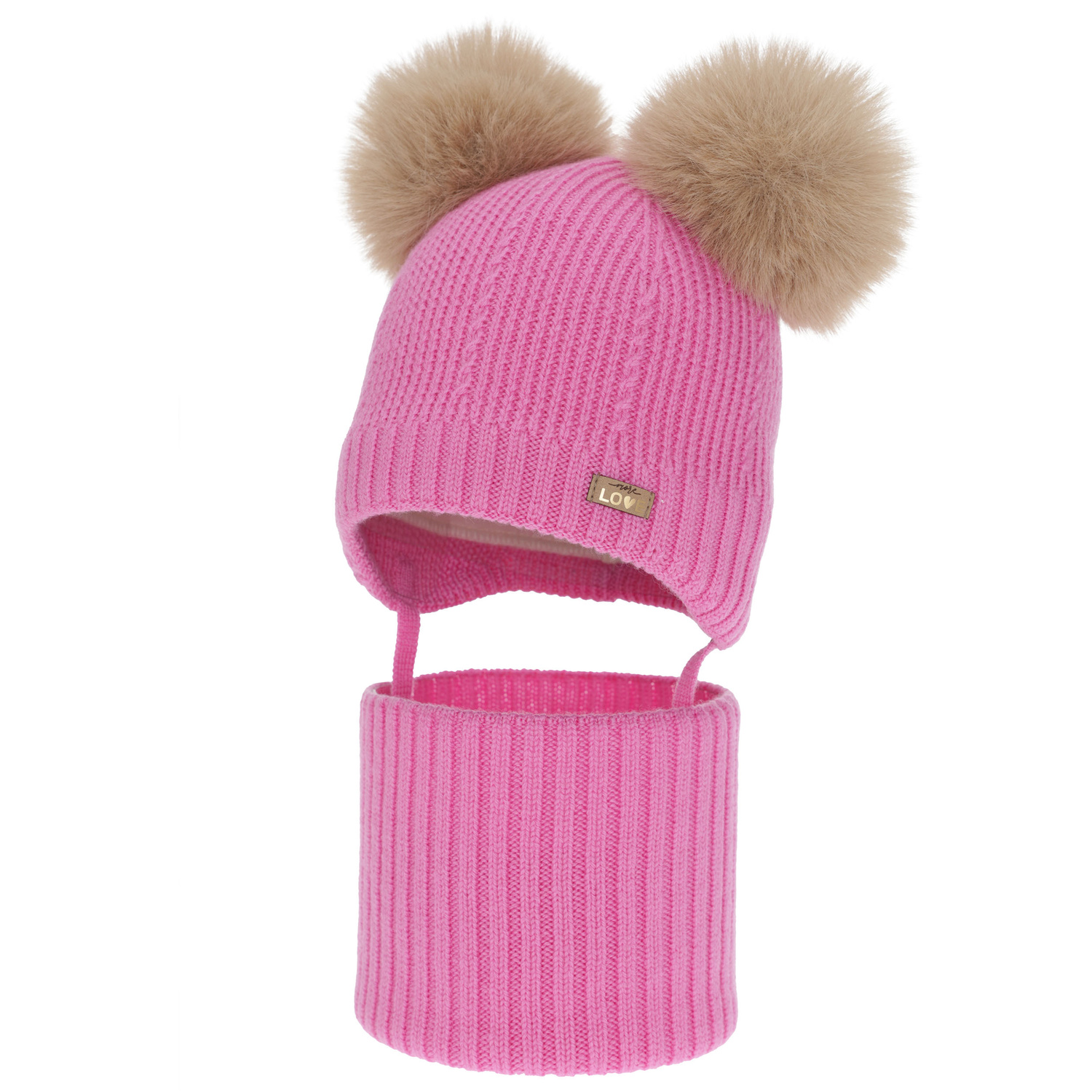 Czapka i komin dla dziewczynki, zimowy komplet, różowy, 100% wełniany merino, podszyty polarem wełnianym, Lumia