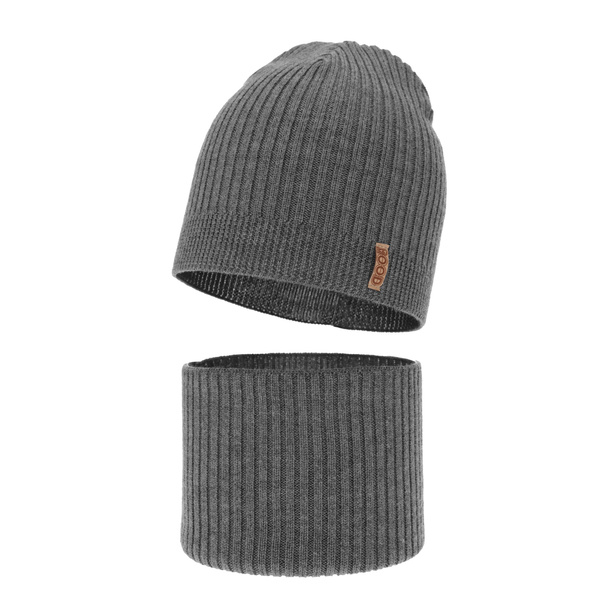 Czapka i komin dla chłopca jesienny, wiosenny komplet, szary, 100% wełniany merino Chester