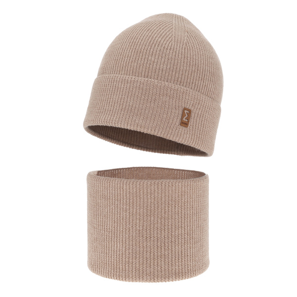 Czapka i komin dla chłopca jesienny, wiosenny komplet, beżowy, 100% wełniany merino Bruce