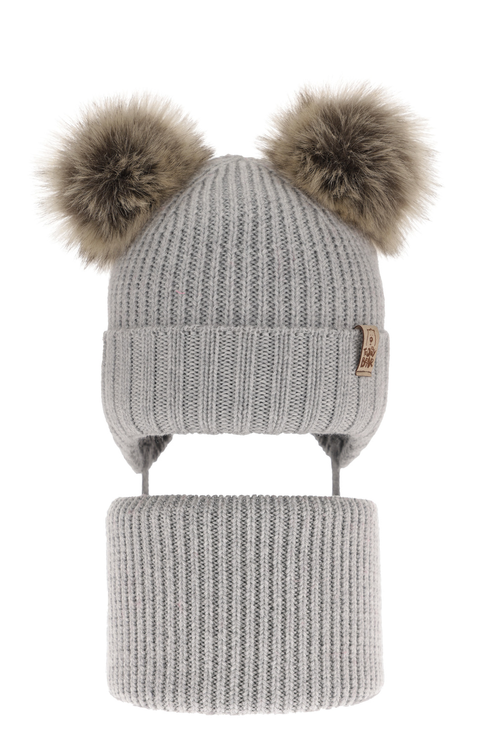 Czapka i komin dla chłopca zimowy komplet, szary, wiązany, 100% wełniany merino Konor