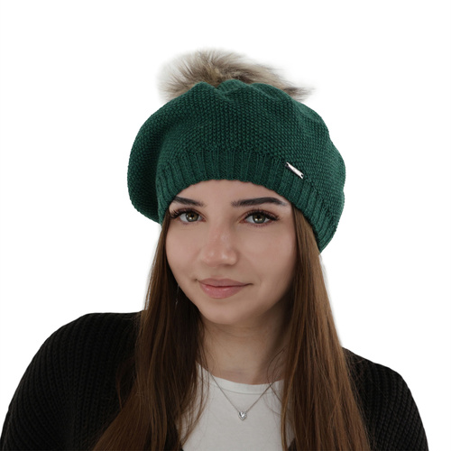 Beret damski zimowy, zielony, z wełną merino Bonnie