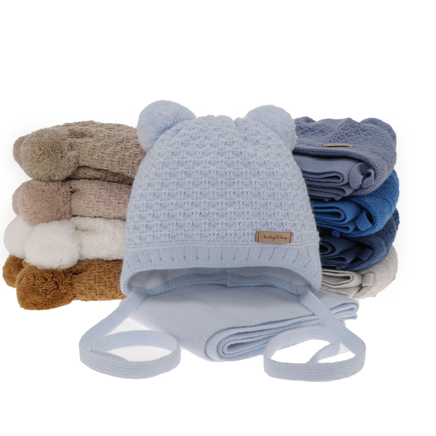 Czapka i szalik dla chłopca zimowy komplet, beżowy, z dwoma pomponami, wiązany Franki