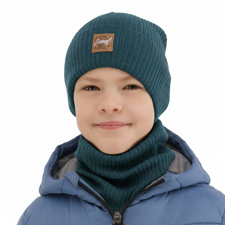 Czapka i komin dla chłopca jesienny, wiosenny komplet, z bawełną, niebieski Fenix