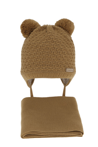 Czapka i szalik dla chłopca zimowy komplet, camel, z dwoma pomponami, wiązany Franki
