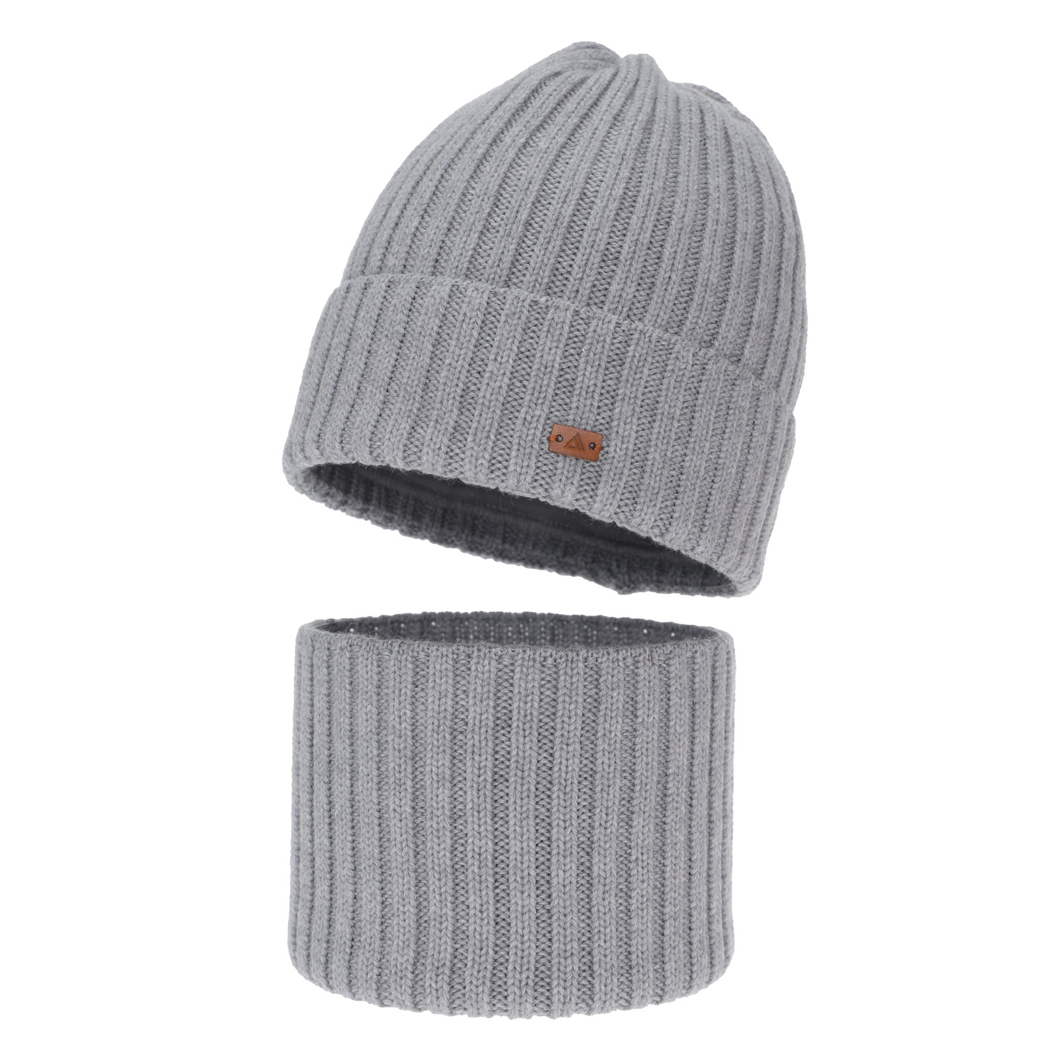 Czapka i komin dla chłopca, zimowy komplet, 100% wełniany merino, jasnoszary Umberto