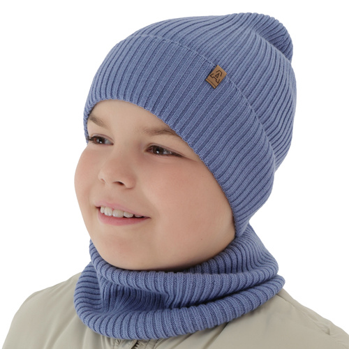 Czapka i komin dla chłopca jesienny, wiosenny komplet, niebieski, 100% wełniany merino Lemas